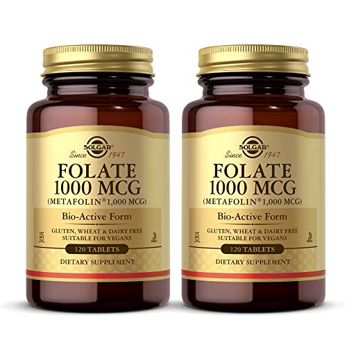 Solgar Folate 1000 mcg DFE, 120 Tablets - Pack of 2-1666 mcg Bio-Active Metafolin - Heart Health - Vegan, Gluten Free, Dairy Free, Kosher - 240 Total Servings