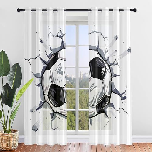 Odot Lot de 2 Rideau Voilage à Oeillets Imprimé Football, Rideaux Intérieurs Semi-Transparent Draperies Moderne, Doux Respirant, Filtrer Le Soleil pour...