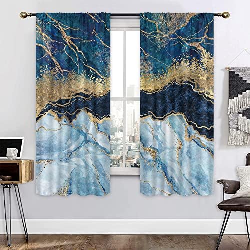 Mitpok Navy Blue Marble Curtains 42" W x 63" H Inches Modern Luxury Silver Liquid Gold Foil Cracked Lines Crystal Texture Abstract Insulated Rod Pocket Window Curtains for Bedroom and Living Room