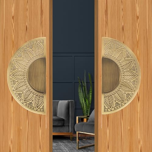 Image of Mandala 6 Inch Round Shape Main Door Handle and Wardrobe Handle Set - Antique Brass Finish, Pack of 2