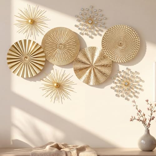 Frienda 8 Pcs Metal Wall Decoration Metal Starburst Radial Plate Art Hanging Decorative Wall Decorations 3D Sunburst Decoration for Home Bedroom Living Room Office Entryway(Gold)