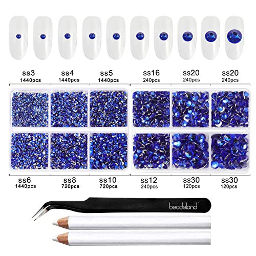 Image of Beadsland 8300PCS Flatback Rhinestones, Royal Blue Rhinestone Round Crystal Rhinestones for Crafts, Mixed 10 Sizes with Wax Pencil and Tweezer Kit, SS3-SS30, Sapphire