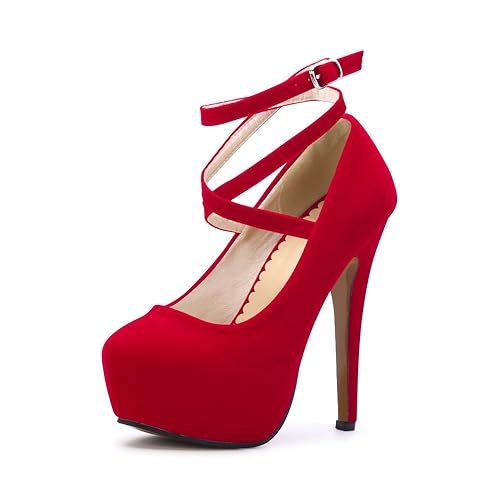 OCHENTA Women's Ankle Strap Platform Pumps Stiletto Party Dress Heel - 6.5 - Velvet Red