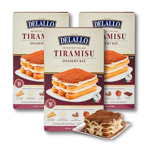 DeLallo Tiramisu Kit, No-Bake Italian Dessert Mix, Tiramisu Cake Mix with Savoiardi Lady Fingers and Mascarpone Cheese Filling, Includes Instant Espresso Powder and Cocoa Powder (3 Pack)