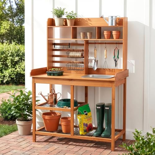 OOOK Pflanztisch Outdoor Wetterfest Pflanztische mit Waschbecken aus Nordischer Schottkiefer Blumentisch Gärtnertisch mit Haken Garten Arbeitstisch für Garten Balkon Terrasse
