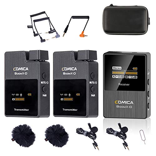 Comica BoomX-D, 2.4G Digital 1-Trigger-2 Wireless Microphone, Transmitter & Receiver SLR Clip-on Microphone, Global Free Frequency, Real-time Audio Monitor, Working Range Up to 50m, OLED Display
