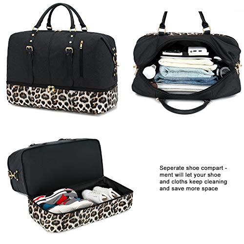 Canvas Overnight Bag Travel Duffel Genuine Leather for Men and Women Weekender Tote (Y-Black)