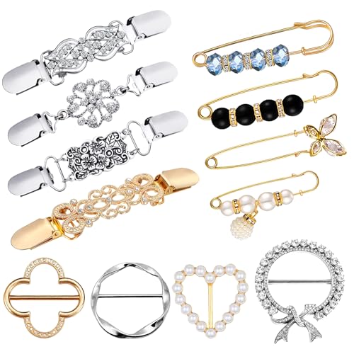 Image of 12-45PCS Scarf Ring Clip Pearl Brooch Pins - T-shirt Sweater Shawl Ties Clips Clothes Corner Knotted Button Fashion Metal Round Circle Shirt Clip Buckle Brooches for Women Girls Gift