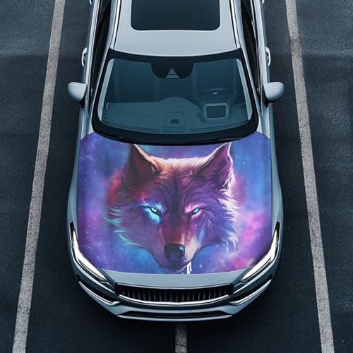 Image of Blue Wolf Car Hood Cover Slip-On Washable Elastic Weatherproof Fabric Elastic Band Fixation Fits Most Cars