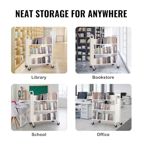 Image of VEVOR Book Cart, 330 lbs Library Cart, 39.4 inch x 20.1 inch x 49.2 inch Rolling Book Cart, Double Sided W-Shaped Sloped Shelves with 4-Inch Lockable Wheels for Home Shelves Office School, Book Truck in White | for Home Shelves Office School, Book Truck, Double Sided W-Shaped Sloped Shelves, Flexible with 4-Inch Lockable Wheels, White
