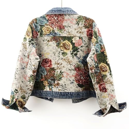 Women Flower Print Jean Jacket, 2025 Autumn Y2K Long Sleeve Button Down Lapel Cropped Denim Outerwear2
