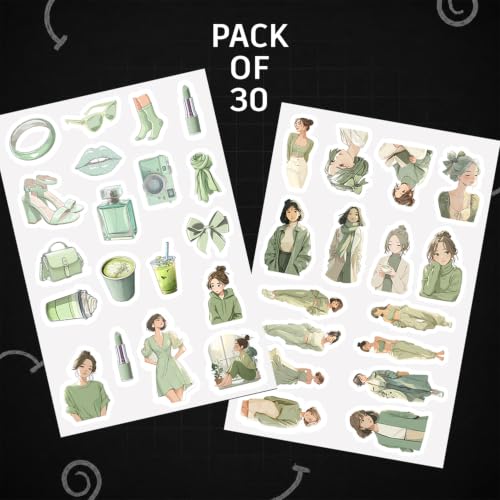 Image of Green Aesthetic Kawaii Girl Vinyl Stickers Pack of 35 | Waterproof Sage Green Matcha Theme Cute Fashion Decals for Laptop, Water Bottle, Journal, Scrapbook, Phone Case | Self-Adhesive Sticker Pack