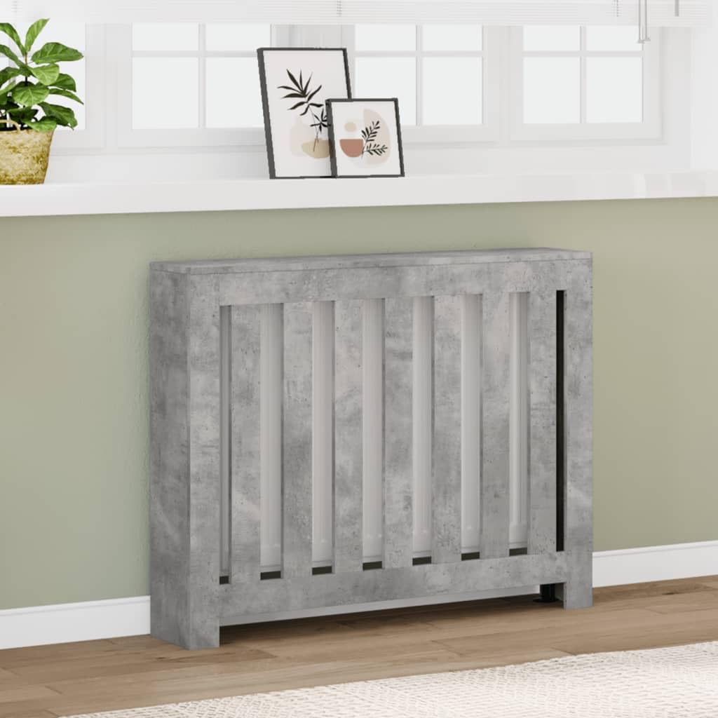 Revestimiento para radiadores de color gris hormigón, material de madera, 104 x 20 x 82 cm, con diseño de lamas, práctica superficie de almacenamiento, duradera y resistente a la humedad