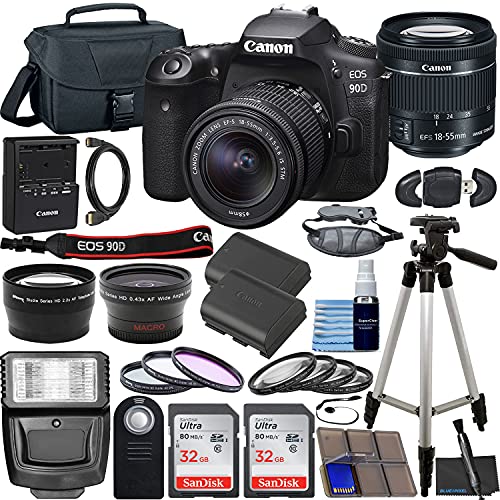 Canon EOS 90D DSLR Camera with EF-S 18-55mm f/3.5-5.6 is STM Lens & Preferred Accessory Bundle – Includes: 2X 32GB SDHC Memory Card, Extended Life Battery, Case, Filters & More (Renewed)