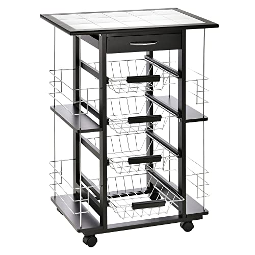 HOMCOM Chariot de Service desserte de Cuisine à roulettes Multi-rangements 4 paniers métal tiroir + 4 Range-Bouteilles Bois pin Noir Plateau carrelé Blanc
