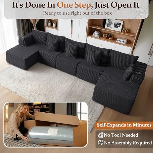Image of 168 inch Cloud Sectional Couch, Comfort U Shaped Sofa for Living Room, Extra Deep Seats No Assembly, Minimalist Modular Couch, Corduroy (Black, 7 Seats,U-Shape C)