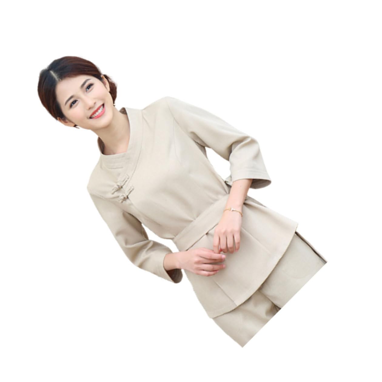 IMIKEYA Uniforme de Esteticista Beige para Salón y SPA, Traje Cómodo de Poliéster y Spandex Fácil de Llevar para Técnico de Belleza