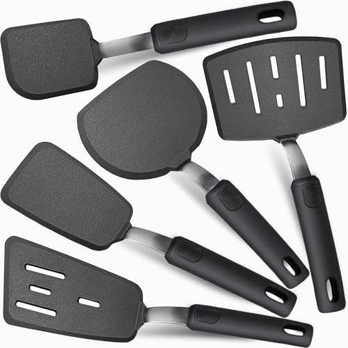 Silicone Spatula Set for Nonstick Cookware, Mixed 5 Piece 600°F Heat-Resistant Kitchen Cooking Utensils Set for Egg,Pancake,Burger - Entire Stainless Steel Core with Silicone, Dishwasher Safe,Black