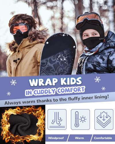 Hikenture Kids Ski Mask Balaclava, Winter Face Mask Under Helmet for Boys Girls, Thermal Windproof Fleece Children Running Beanie, Black,A22