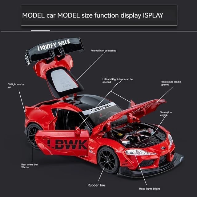 Image of Kids Model 1:24 Toyora Supra Die Cast Metal Car Pull Back Action Opening Doors with Realistic Engine Sound Lights Toy Car Gift for Boys - Red