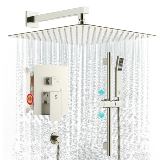 SR SUN RISE 12 Inch Square Shower System, All Meatl Rain Shower Head and Handheld Spray, Slide Bar Shower Faucet Wall Mounted Combo Set Included Valve and Trim Kit for Bathroom, Brushed Nickel