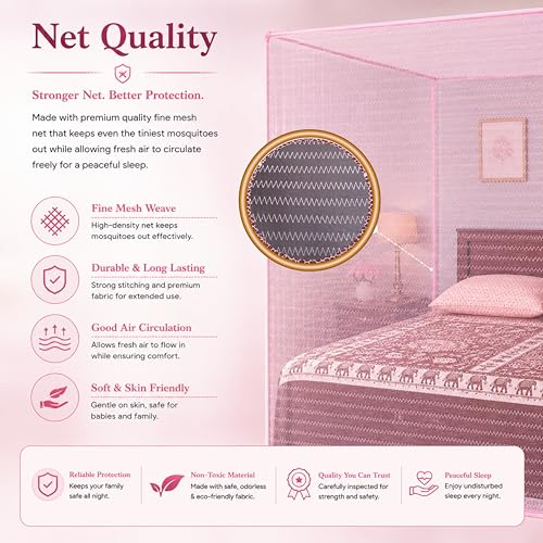 Image of Mosquito Net for King Size Bed & Double Bed (6x7 ft, Wall /Hook Hanging) Poly-Cotton Blend Fabric with Zigzag Wave Line Pattern, Pre-Fitted Bottom & Cotton Ribbon (Pearl Pink)