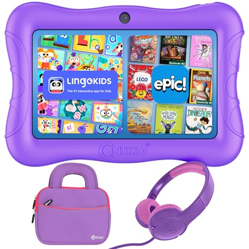 Image of Contixo 7 inch Kids Tablet Bundle - Android Tablets and Kids Wired Headphones, with 14+ Games and Educational Apps, WiFi, 32GB ROM, Learning Tablet for Kids - Purple