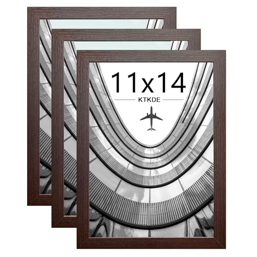 Image of KTKDE 11x14 Picture Frame Set of 3, Walnut Wooden 14x11 Frame, Wall Gallery Photo Frames, 11 by 14 Wall Gallery Photo Frames Home Decor best gift