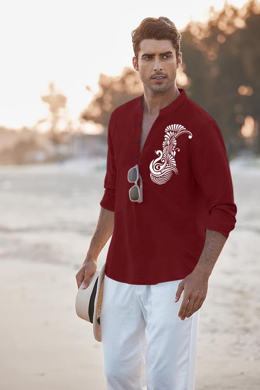 Image of FINIVO FASHION Men's Printed Cotton Blend Short Kurta with Artistic Chest Design | Stylish Full Sleeve Casual Kurta with Mandarin Collar for Daily, Travel Soft Textured