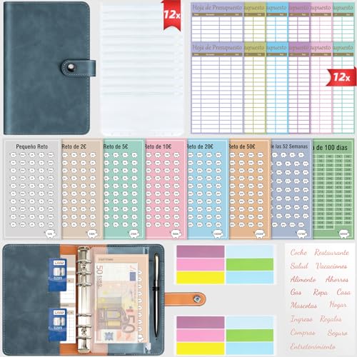 WenmthG - Agenda Ahorro Dinero Español A6-8 tipos Retos Para Ahorrar Dinero - Organizador de Dinero - Carpeta de Ahorro de Dinero - Sobres Ahorro Dinero - Budget Planner Español(azul oscuro)