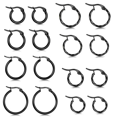 Hanpabum 8 Pairs 2 Style Stainless Steel Round Hoop Earrings for Women Twisted Silver Tone Hoop Earrings Set 10MM.12MM.15MM.20MM