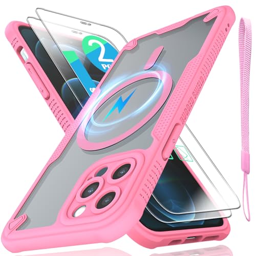 Coque iPhone 12 Pro rose MagSafe fine antichoc avec cordon antichute et verres