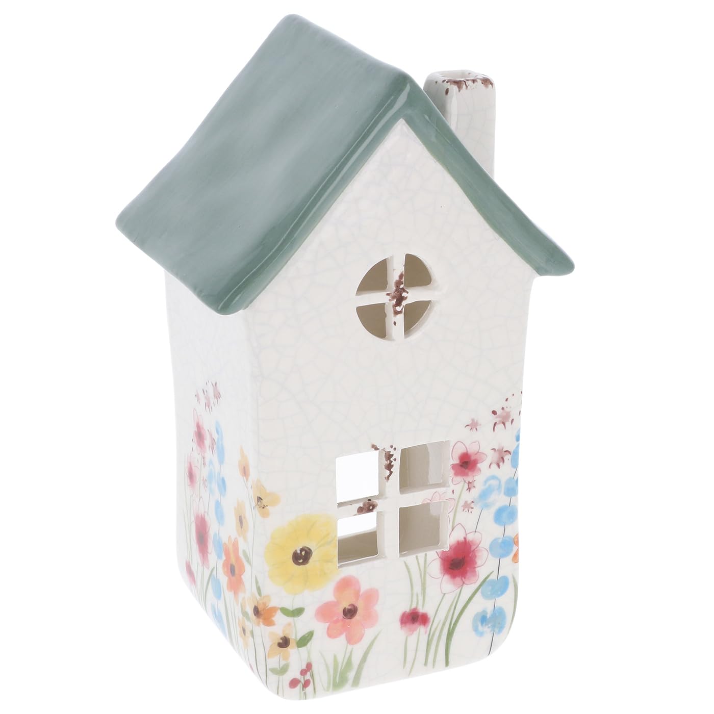 Shudehill Giftware Meadow Garden House Pastel Coloured Tealight Holder Houses With Crackle Effect - Pink, Grey, Sage Roof With Floral Design (Sage)