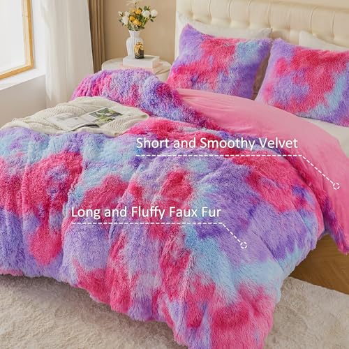 Image of EMME Luxury Fuzzy Duvet Cover Set King Size Fluffy Comforter Cover Set for King Bed 2 Pieces Shaggy and Plush Soft Bedding Duvet Covers (Rainbow Pink Purple, King)