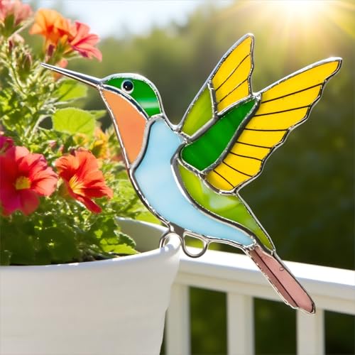 AQGQTQ Hummingbird Stained Glass Suncatcher Decor for Indoor Outdoor Plants-Planters Hanging Plant Hummingbird Bird Decor Garden Decor Plant Accessories, Handmade Gifts for Women Mom