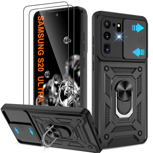 Shockproof Case for Samsung S20 Ultra Military-Grade Drop Proof Dual-Layer Protective with Camera Slide Cover |Precision Hole Built-in Kickstand & 2 Screen Protectors for Galaxy S20 Ultra Phone Black