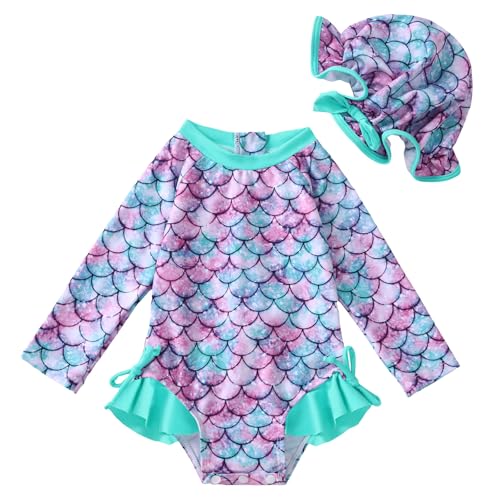 AMAWMW Infant Baby Girl Swimsuit Long Sleeve One-Piece Swimwear with Hat Rash Guard Floral Zipper Bathing Suit Beach Wear