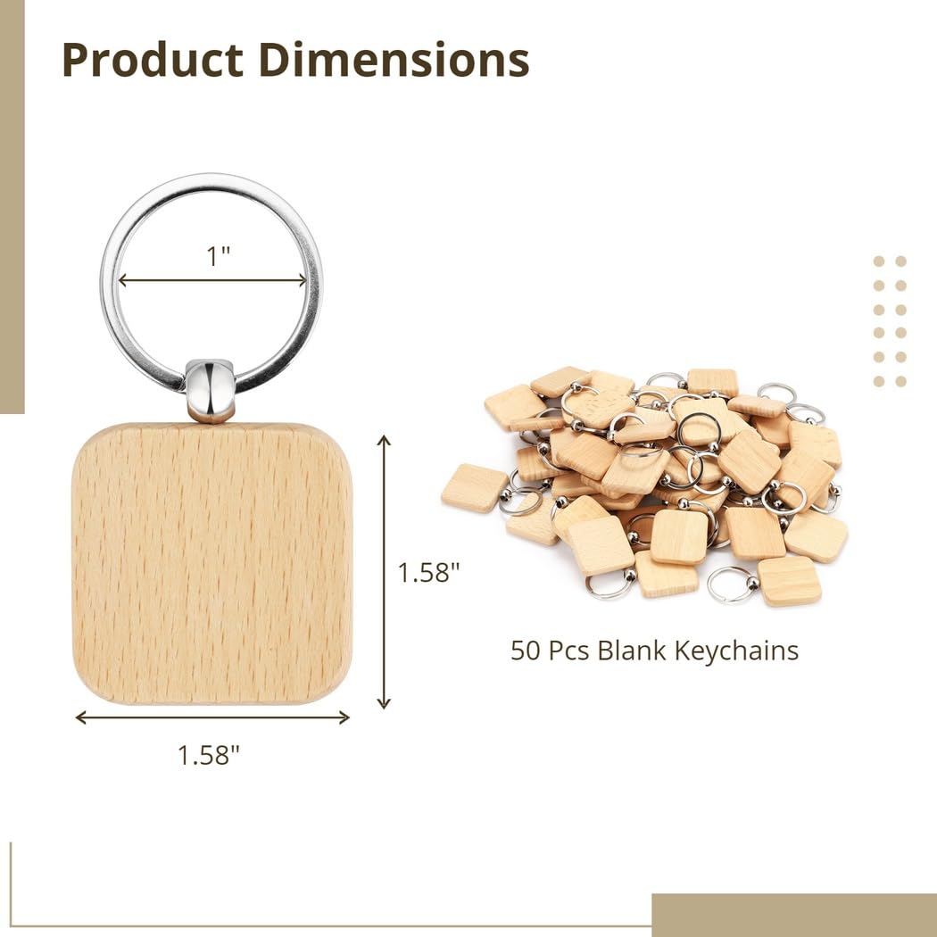 Schlüsselanhänger aus natürlichem Holz, blanko, quadratisch, zum Basteln, personalisierbar mit Farbe oder Gravur, ideal als Geschenk, 50 Stück