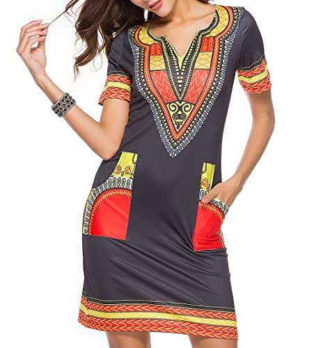 Image of African Dresses for Women Casual Vintage Attire Bohemian Dashiki Traditional Ethnic Midi Dress