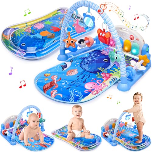 Image of Windidi Baby Gyms Play Mats with Tummy Time Water Mat, Baby Activity Mat Play Piano Gym with 5 Sensory Toys for Babies, Music & Lights Boy & Girl Gifts for Newborn Babies 0-3 4-6 6-9 6-12 Months