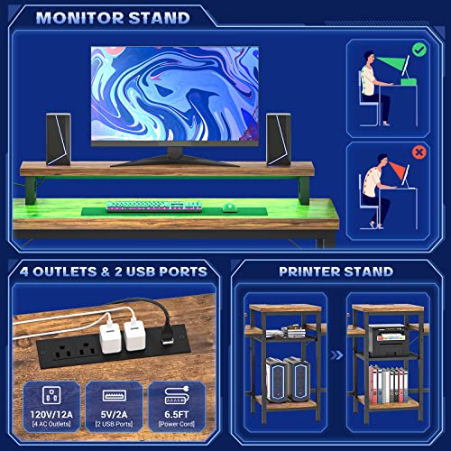 Unikito Double Computer Desk With Led Strip And Power Outlet, 2 Person Desk With Monitor Stand And Storage, Ergonomic Computer Desk With Printer Stand For Home Office, Long Gaming Desk, Rustic Brown #TOP4
