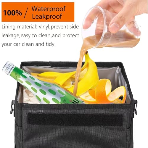 Image of LUO&GEFIK Car Trash Can with Steel Bars & Leak-Proof Lining - Foldable 2 Gal Vehicle Garbage Bin, Adjustable Strap for SUV /Truck, Storage Pockets for Car Organizing (Black).