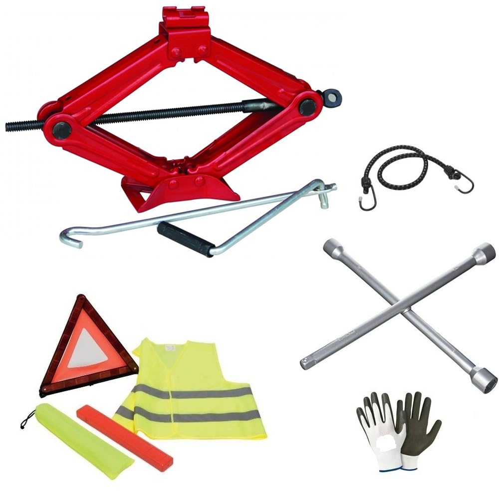 Kit para Ferrari para Coche de Gato de pantógrafo + Llave de Cruz para Pernos + triángulo de Emergencia + Chaleco Fluorescente