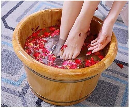 Tina para pies de madera maciza de ciprés con puntos de acupuntura - Tazón de masaje para pies con tapa y ruedas universales movibles miniatura 5