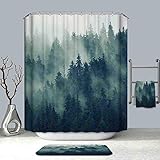 Smoky Mountain Shower Curtain, Green Foggy Mountain Forest Tree Scene Bathroom Decor