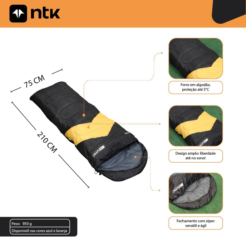 NTK, Saco de Dormir, Solteiro, Poliéster 190T, Acampamentos, Viper, Preto e Laranja