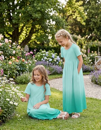 Image of Arshiner Girls Maxi Dress Long /Short Sleeve Casual Holiday Dress with Pockets for 5-13 Years