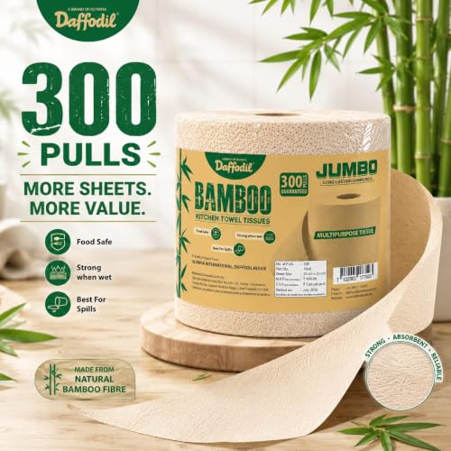 Image of DAFFODIL Jumbo 2 Ply Bamboo Kitchen Towels - 300 Pulls, Pack of 1 Roll | 100% Pure Bamboo Pulp | Eco-Friendly | Super Absorbent | Food Safe | Strong & Soft Disposable Kitchen Tissue Roll