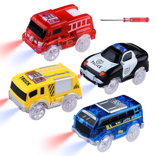 Lot de 4 Voiture Jouet qui brillent dans le noir pour Voiture Enfant de 3 à 8 ans, voiture de police, bus, camion de pompiers, camion avec 5 lumières LED,...