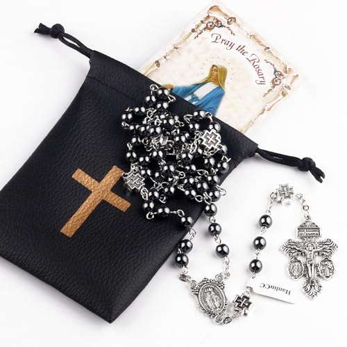 HanlinCC Catholic Rosary Necklace with Miraculous Medal and Pardon Crucifix with PU Leather Rosary Pouch and Pray Card for Men and Women4